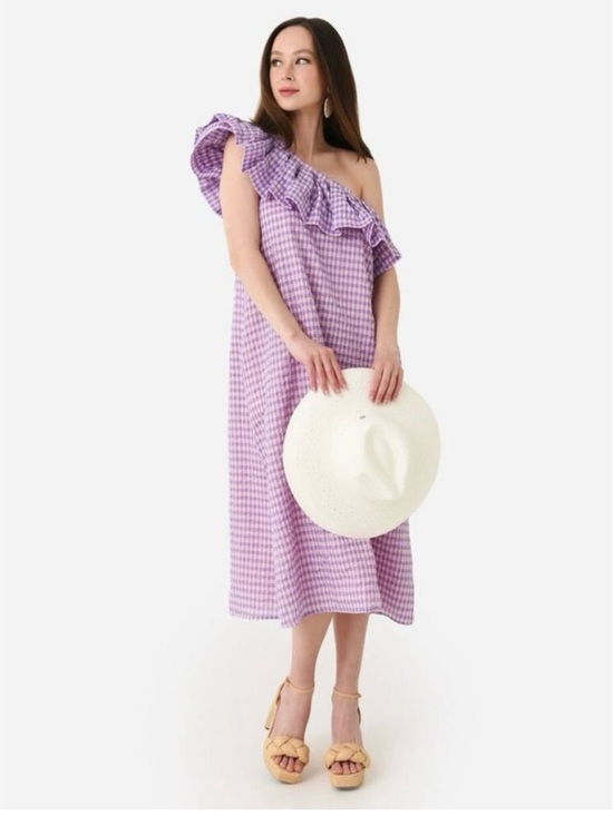 Never A Wallflower Dresses & Skirts - Never a Wallflower One Shoulder Gingham Midi Dress M Retro Preppy Coastal Chic